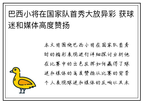巴西小将在国家队首秀大放异彩 获球迷和媒体高度赞扬